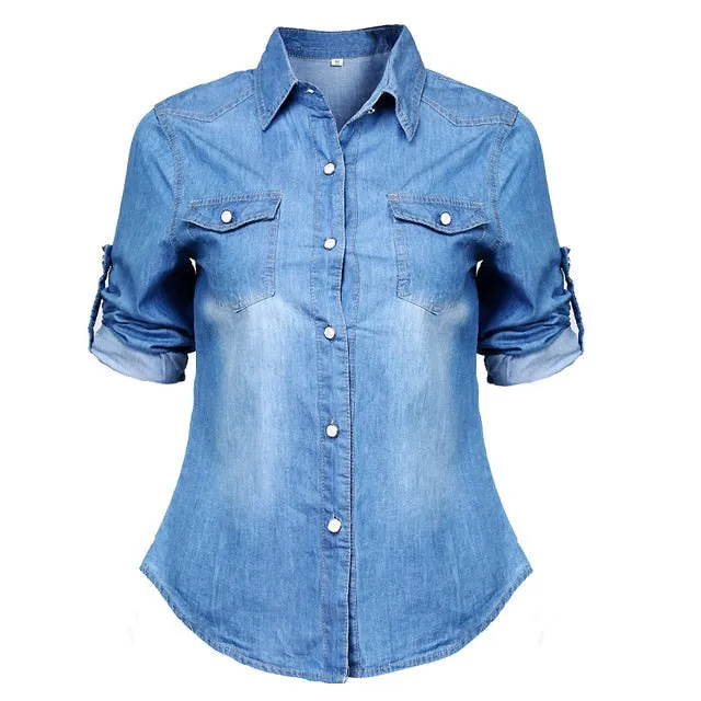 Retro Blue Jean Soft Denim Long Sleeve Tops Blouse Casual Shirt