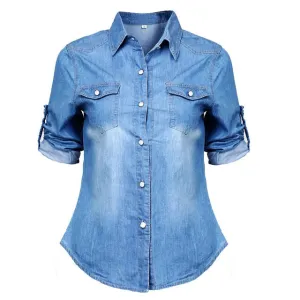 Retro Blue Jean Soft Denim Long Sleeve Tops Blouse Casual Shirt