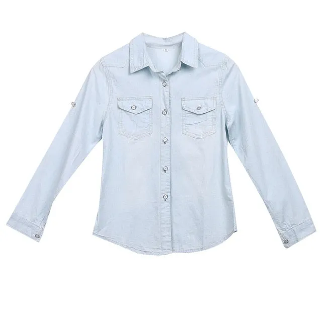 Retro Blue Jean Soft Denim Long Sleeve Tops Blouse Casual Shirt