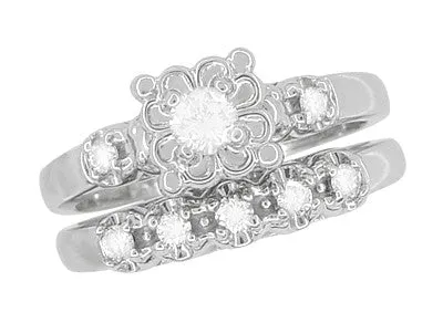 Retro Mid Century Modern Platinum Lucky Clover Diamond Engagement Ring & Wedding Band Set