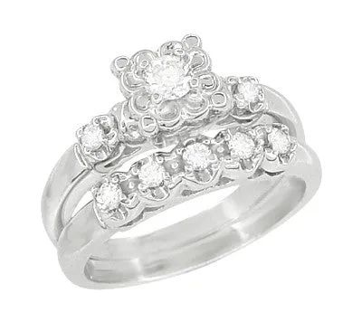 Retro Mid Century Modern Platinum Lucky Clover Diamond Engagement Ring & Wedding Band Set