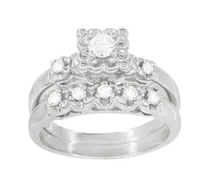 Retro Mid Century Modern Platinum Lucky Clover Diamond Engagement Ring & Wedding Band Set