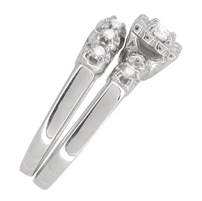 Retro Mid Century Modern Platinum Lucky Clover Diamond Engagement Ring & Wedding Band Set