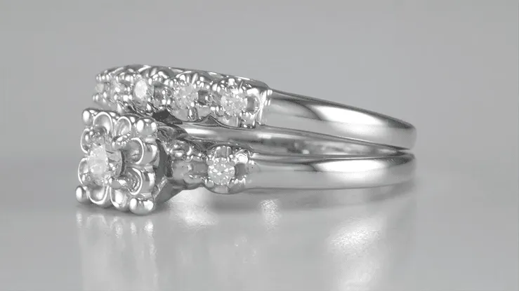 Retro Mid Century Modern Platinum Lucky Clover Diamond Engagement Ring & Wedding Band Set
