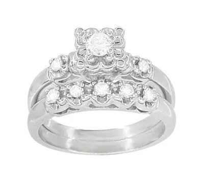 Retro Mid Century Modern Platinum Lucky Clover Diamond Engagement Ring & Wedding Band Set