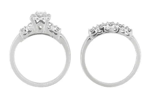 Retro Mid Century Modern Platinum Lucky Clover Diamond Engagement Ring & Wedding Band Set