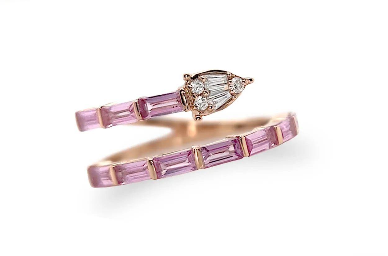 Ring 18kt Gold Pink Sapphire Baguettes & Pear Illusion Diamonds