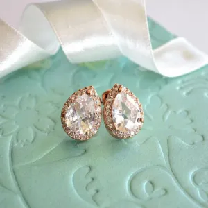 Rose Gold Plated Crystal Bridal Post Studs, LUX Cubic Zirconia Teardrop Wedding Stud Earrings, Rose Gold CZ Drop Bridesmaid Earrings