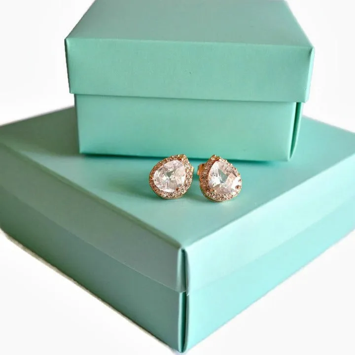 Rose Gold Plated Crystal Bridal Post Studs, LUX Cubic Zirconia Teardrop Wedding Stud Earrings, Rose Gold CZ Drop Bridesmaid Earrings