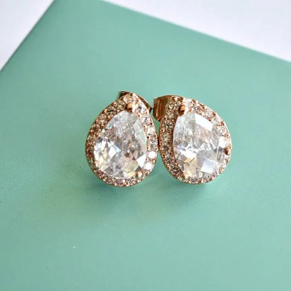 Rose Gold Plated Crystal Bridal Post Studs, LUX Cubic Zirconia Teardrop Wedding Stud Earrings, Rose Gold CZ Drop Bridesmaid Earrings