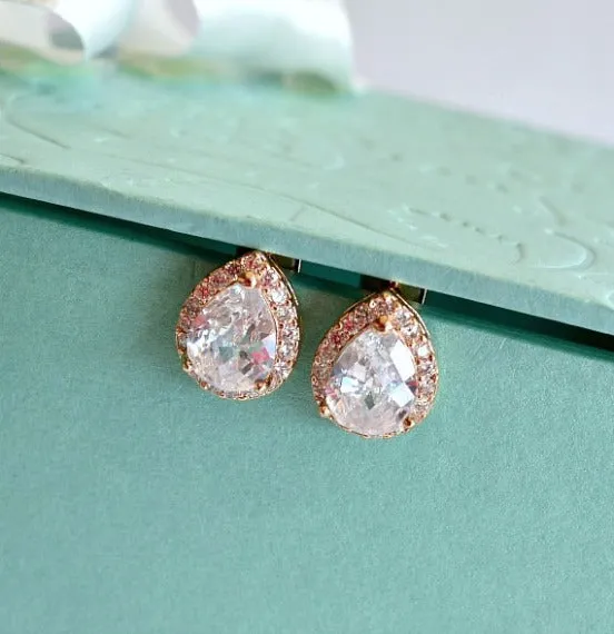 Rose Gold Plated Crystal Bridal Post Studs, LUX Cubic Zirconia Teardrop Wedding Stud Earrings, Rose Gold CZ Drop Bridesmaid Earrings