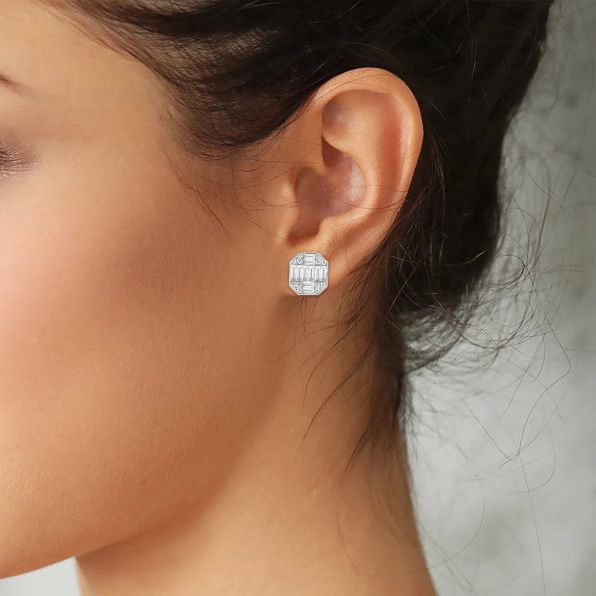 Round & Baguette Diamond Cluster Earrings