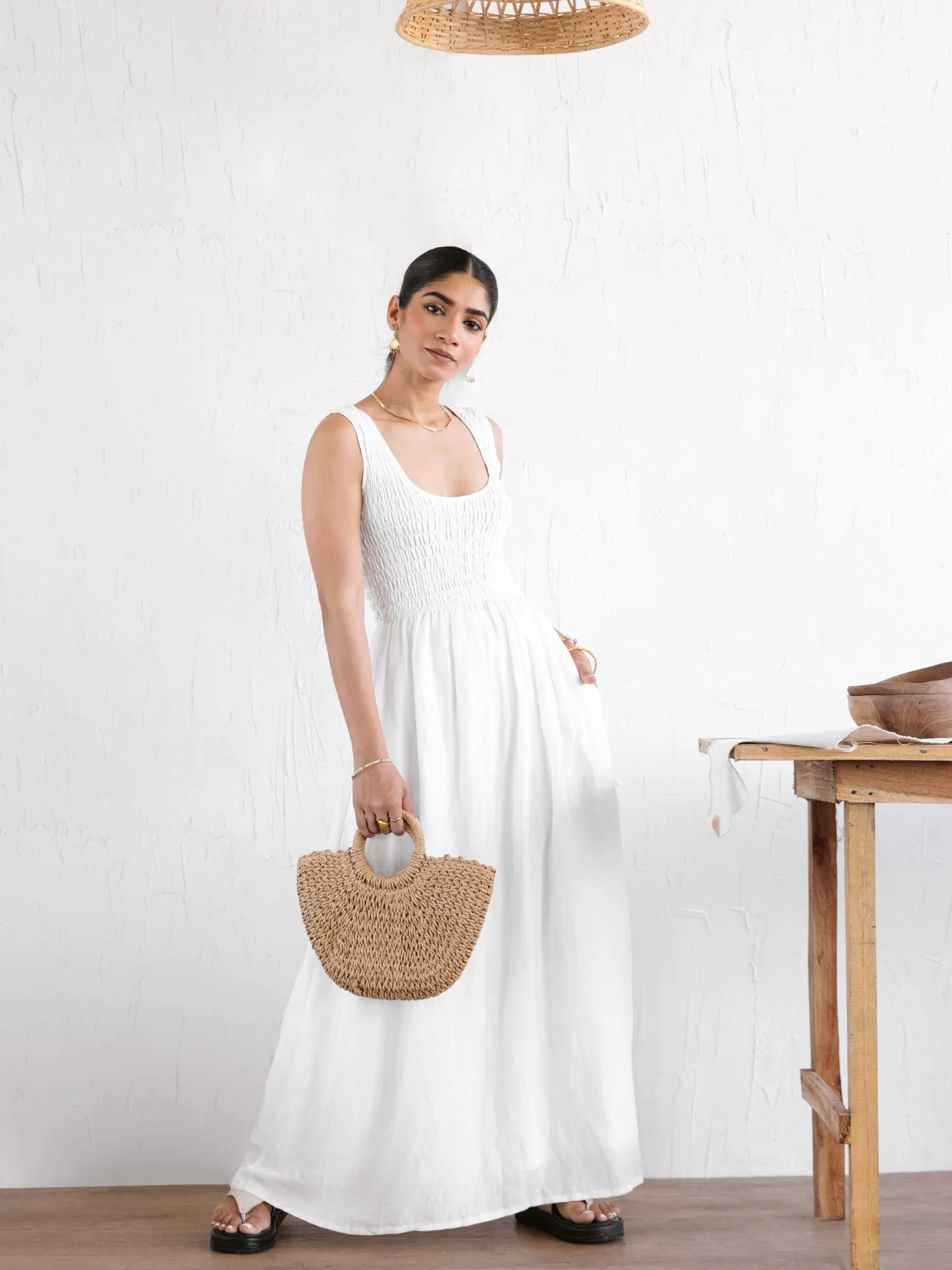 Round Neck Smocked Maxi Dress