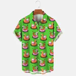 Santa's Tropical Splash Christmas Print Casual Short Sleeve Shirt
