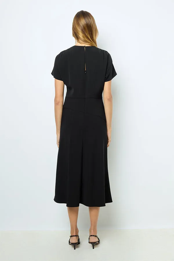 SERGINA BLACK PLAIN WAISTED MIDI DRESS