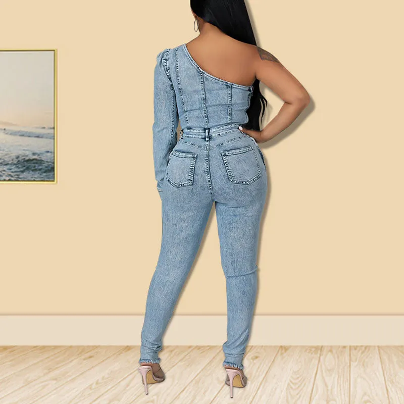 Solid One Shoulder Long Sleeve Denim Jumpsuit