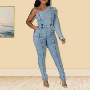Solid One Shoulder Long Sleeve Denim Jumpsuit
