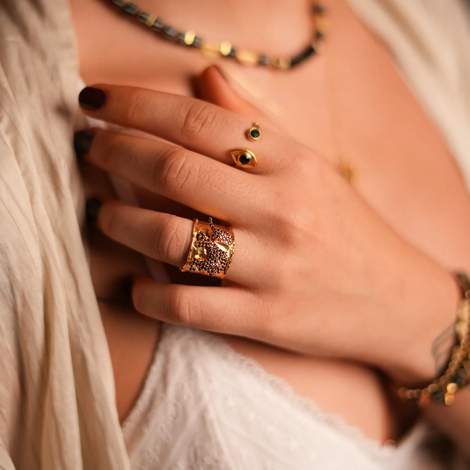 Spiritual Eye Black Onyx Stone & Gold Dainty Stackable Ring