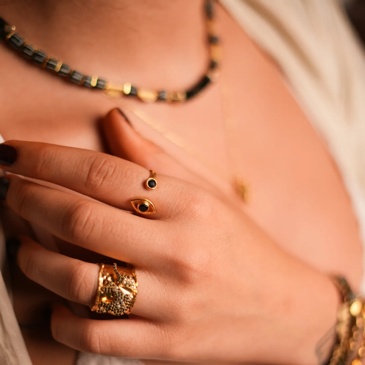 Spiritual Eye Black Onyx Stone & Gold Dainty Stackable Ring