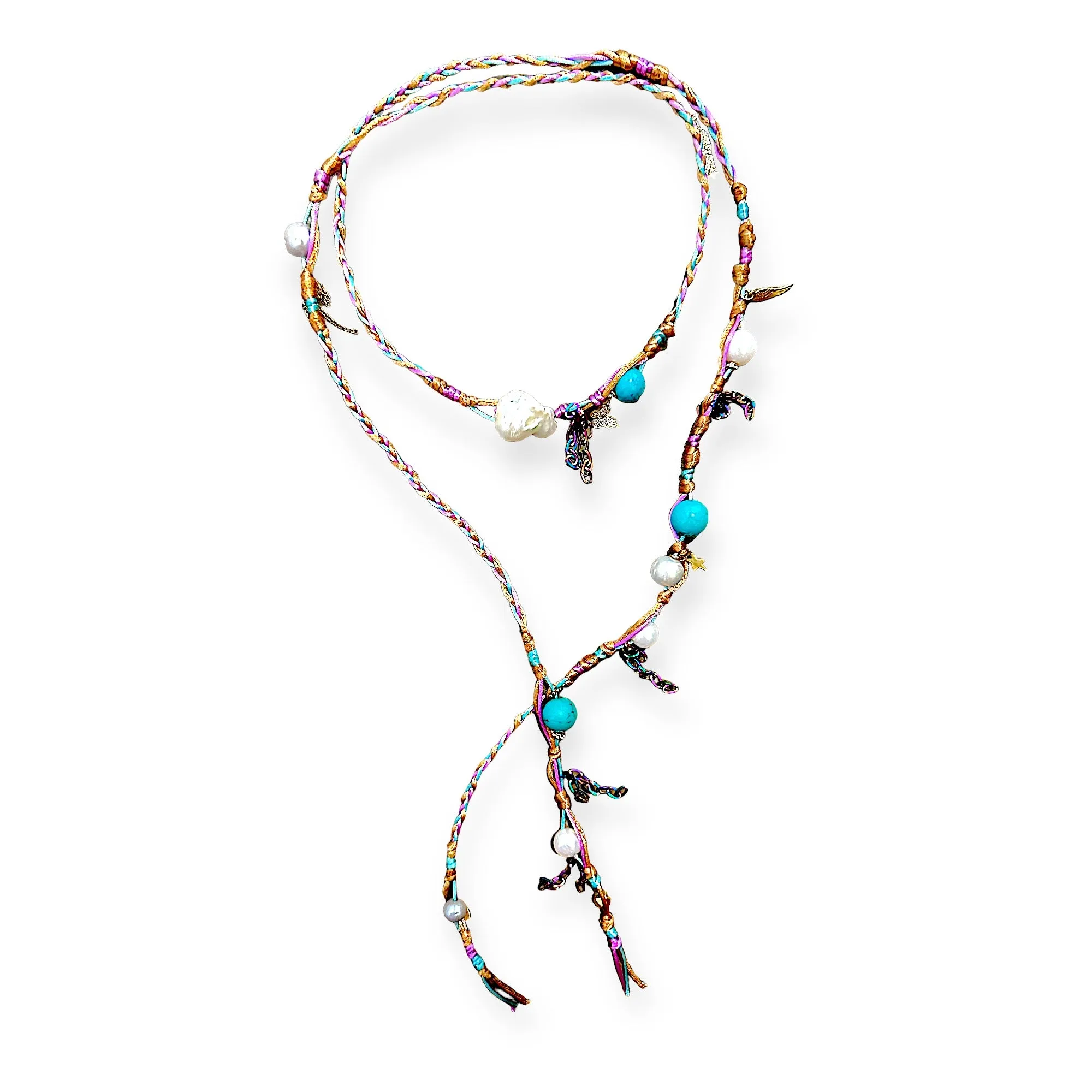 SPRING WATER COLOR PEARL TURQUOISE LUCKY CHARM SILK ROCKER LARIAT