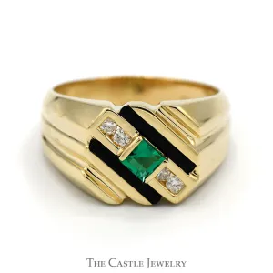 Square Cut Emerald Ring with Onyx and Diamond Accents in 14k Yellow Gold