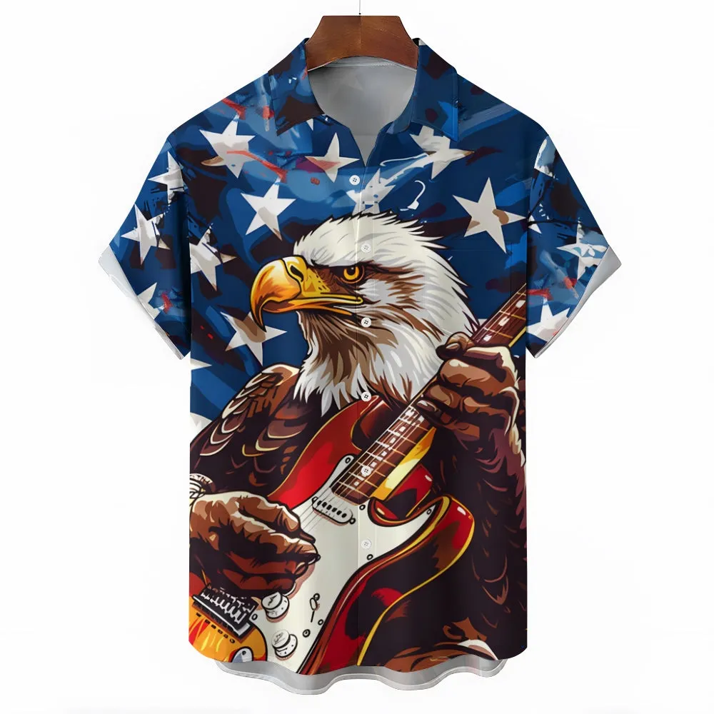 Stars and Stripes Eagle Print Casual Oversized Short Sleeve Shirt 2406003504