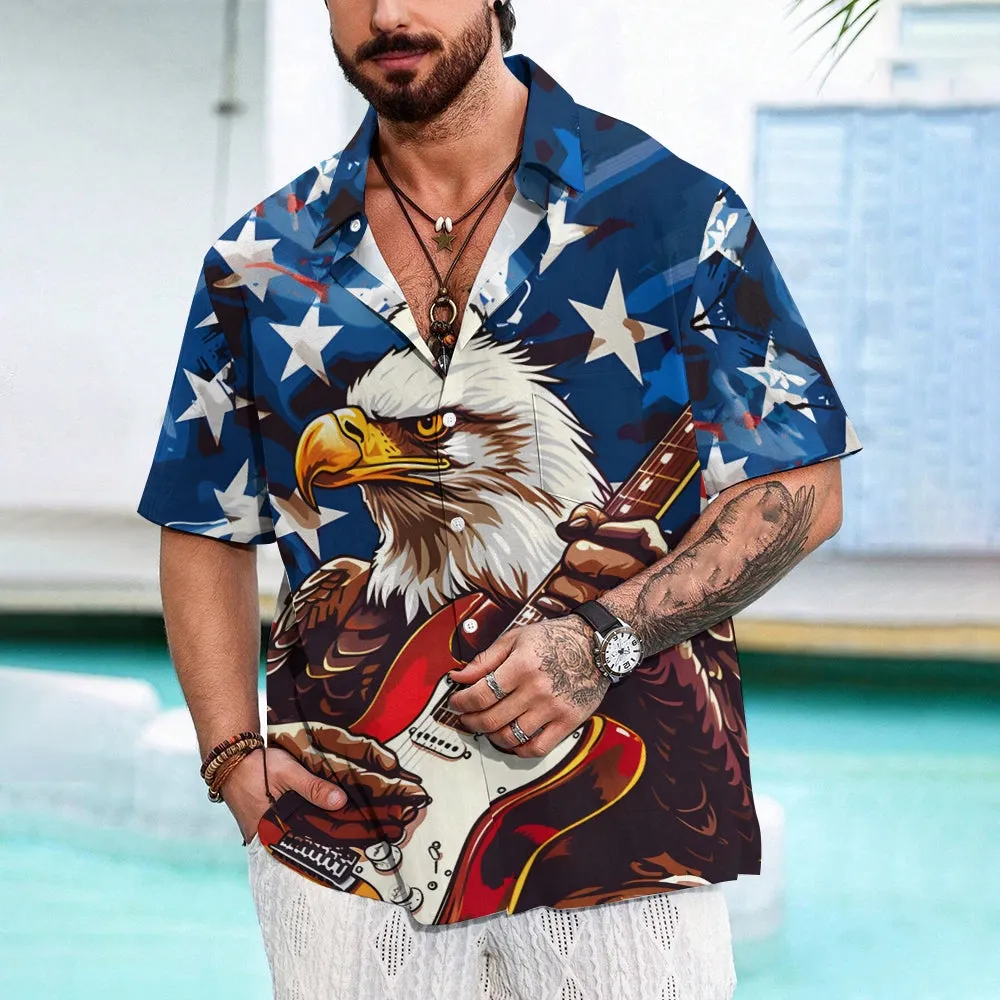 Stars and Stripes Eagle Print Casual Oversized Short Sleeve Shirt 2406003504