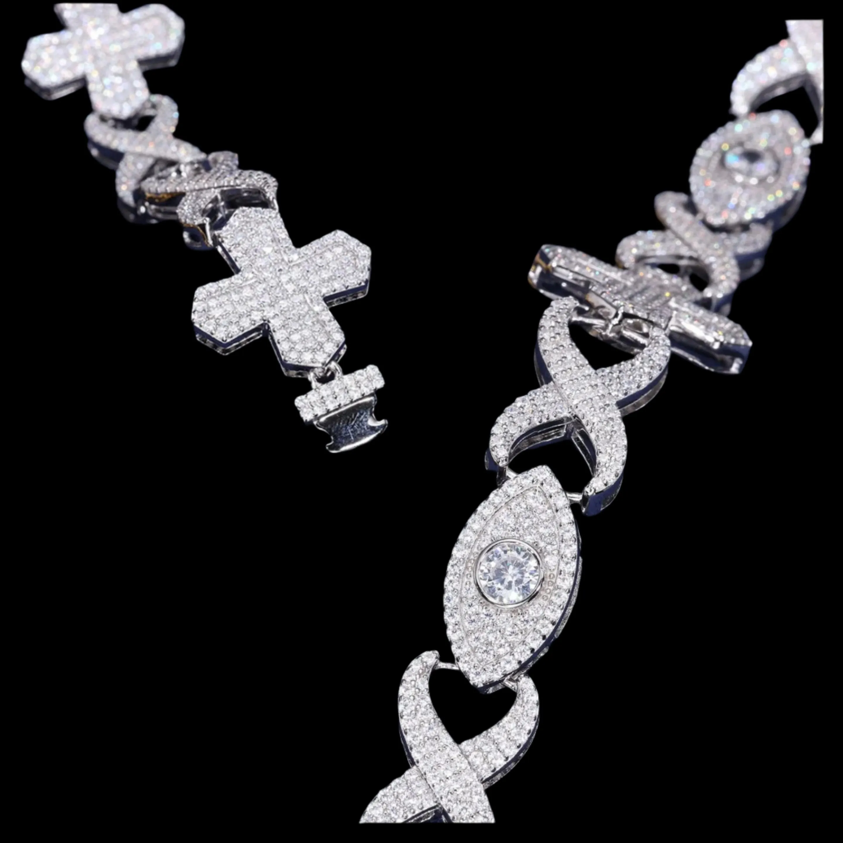 Sterling Silver 925 Moissanite 12mm Infinity Cross Eye Link 18"-24" Chain Necklace - M500019