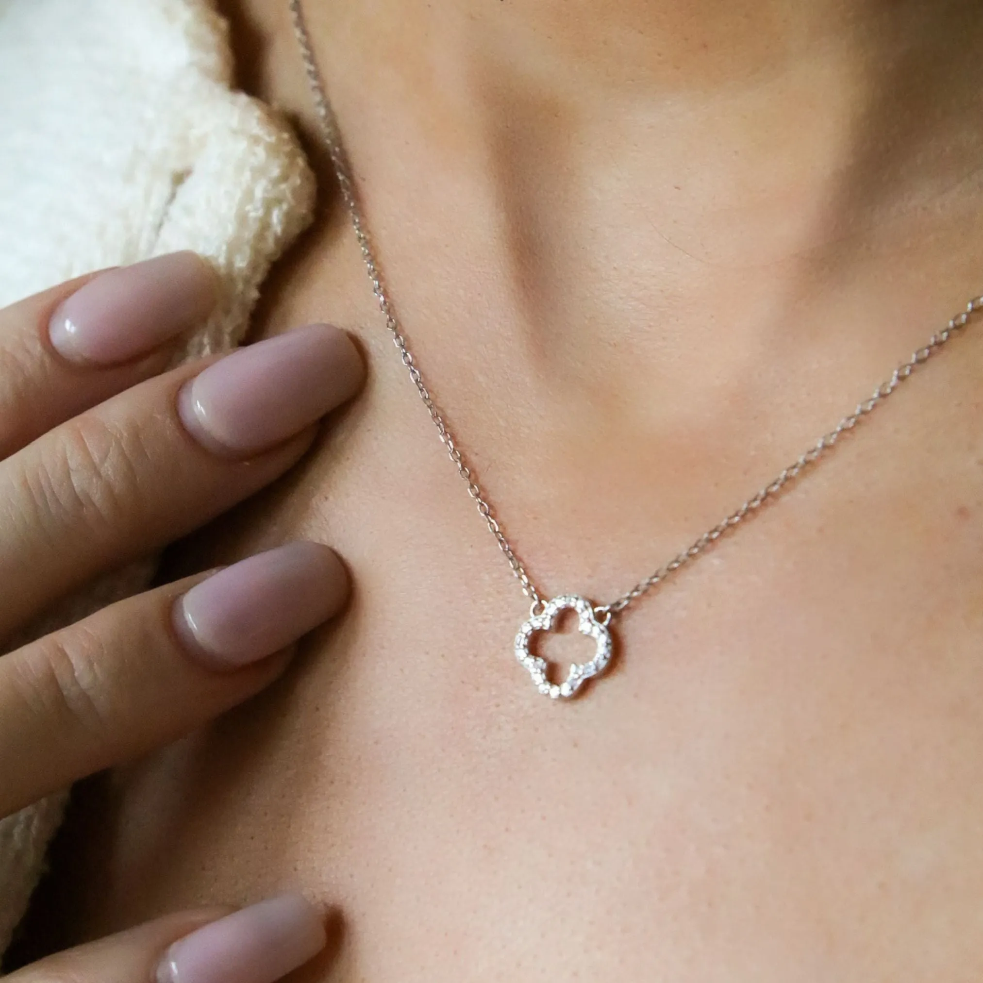 Sterling Silver Crystal Clover Necklace, Silver