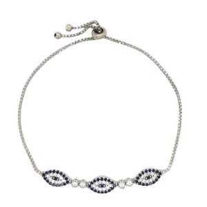 Sterling Silver Evil Eye Adjustable Bracelet with Colored Cubic Zirconia - C33409
