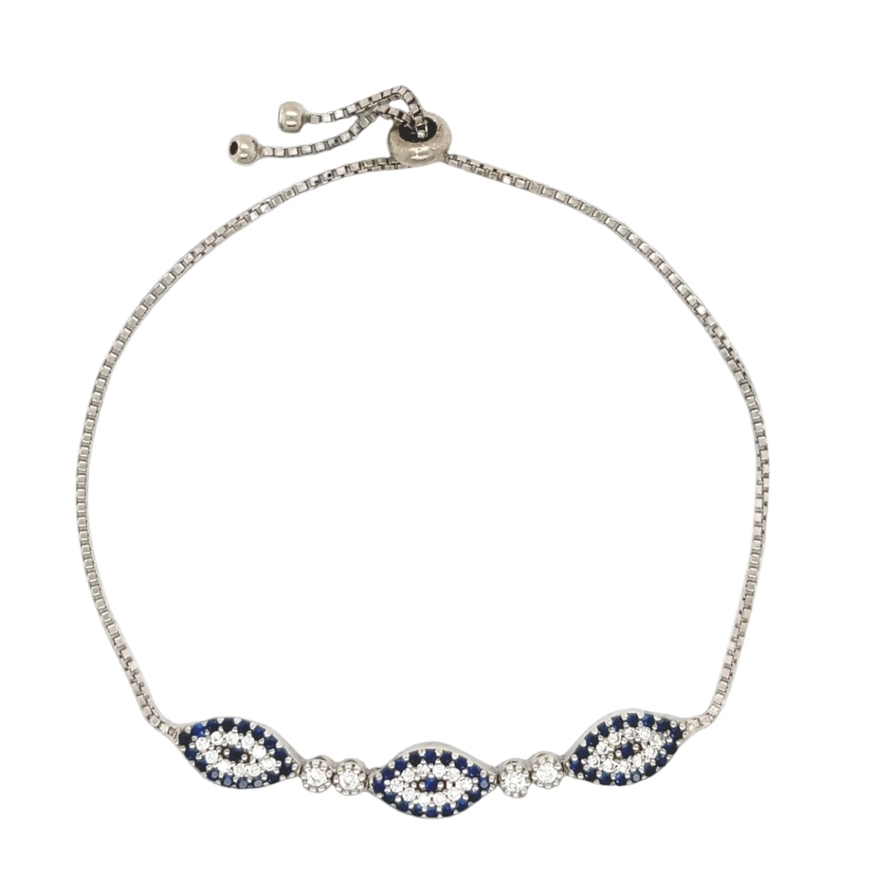 Sterling Silver Evil Eye Adjustable Bracelet with Colored Cubic Zirconia - C33409