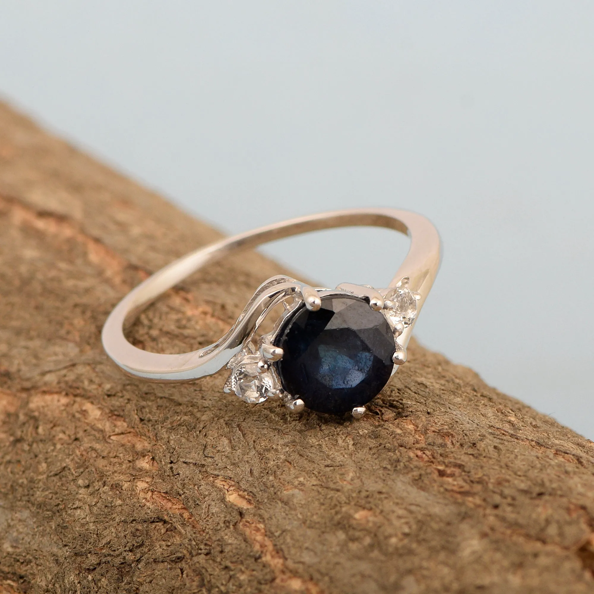 Sterling Silver Timeless Blue Sapphire Round 7 MM Women Engagement Ring