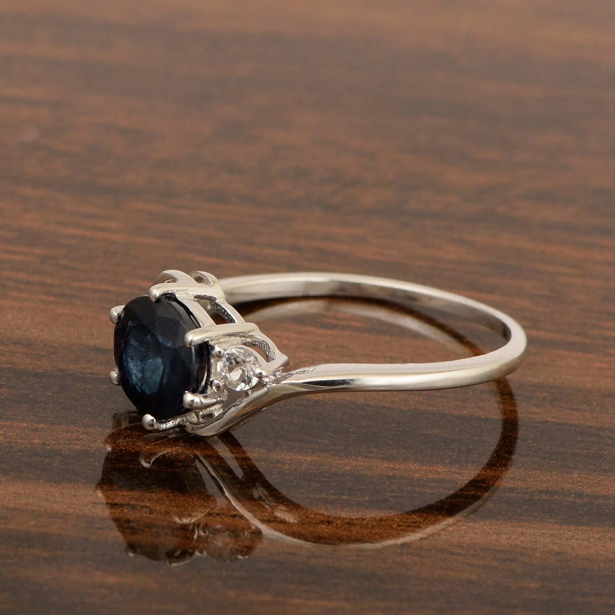 Sterling Silver Timeless Blue Sapphire Round 7 MM Women Engagement Ring