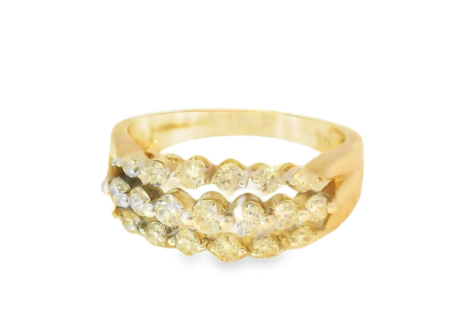 Stunning 14K Yellow Gold 3-Row Diamond Wedding Band Ring