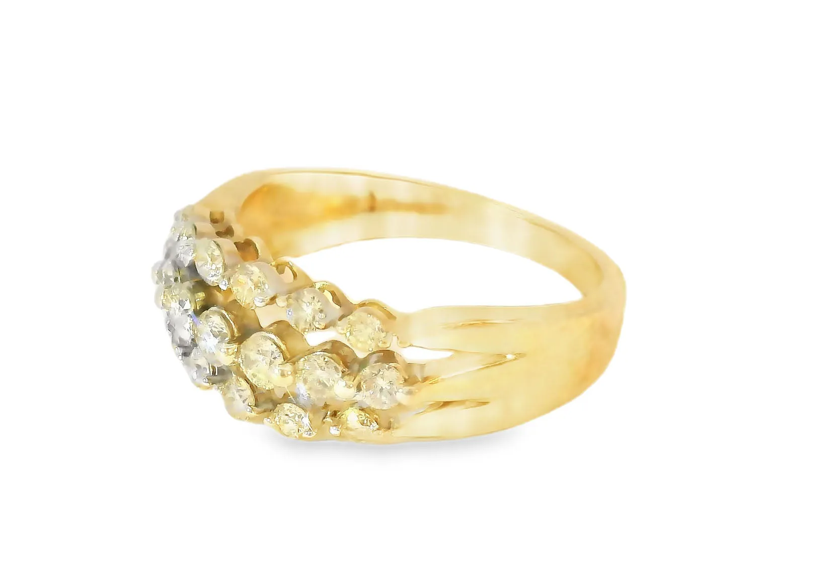 Stunning 14K Yellow Gold 3-Row Diamond Wedding Band Ring