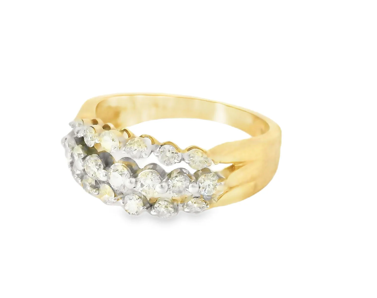 Stunning 14K Yellow Gold 3-Row Diamond Wedding Band Ring