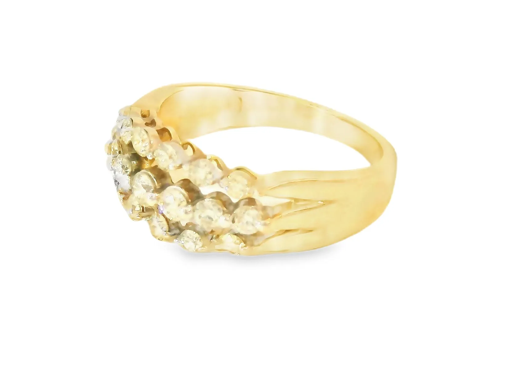 Stunning 14K Yellow Gold 3-Row Diamond Wedding Band Ring
