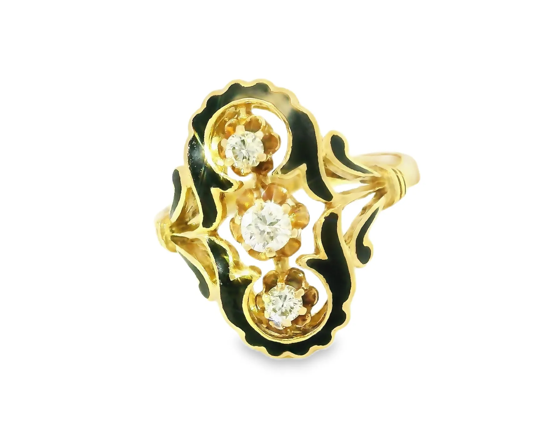 Stunning Antique 14K Yellow Gold Handmade Enamel Diamond Ring