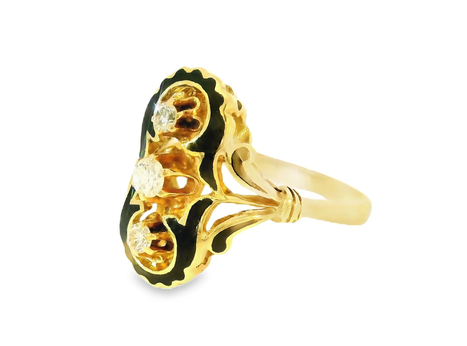 Stunning Antique 14K Yellow Gold Handmade Enamel Diamond Ring