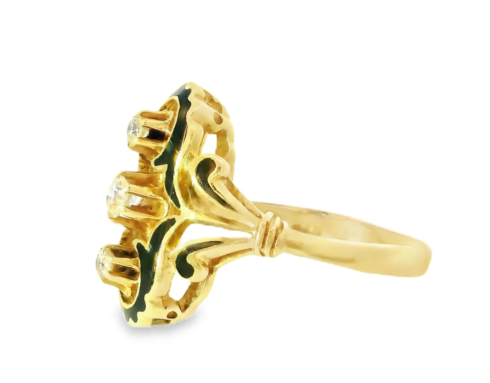 Stunning Antique 14K Yellow Gold Handmade Enamel Diamond Ring