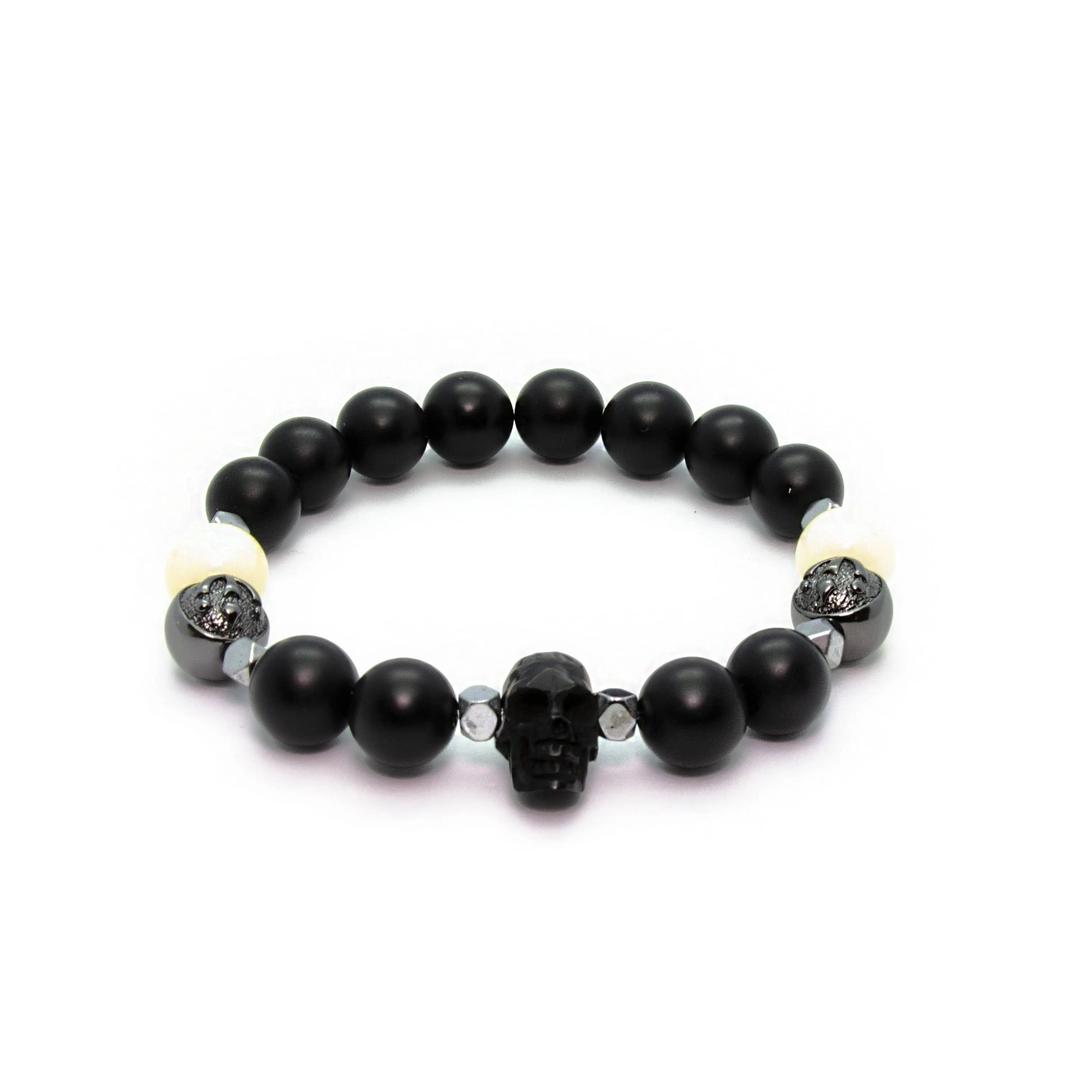Stylish Black Onyx Bracelet with Horn Skull, Ox Bone and Hematite in Rhodium | 10MM