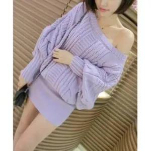 Stylish Slash Neck Hemp Flowers Knitted Batwing Sleeve Women's Dress - Purple One Size(fit Size Xs To M)