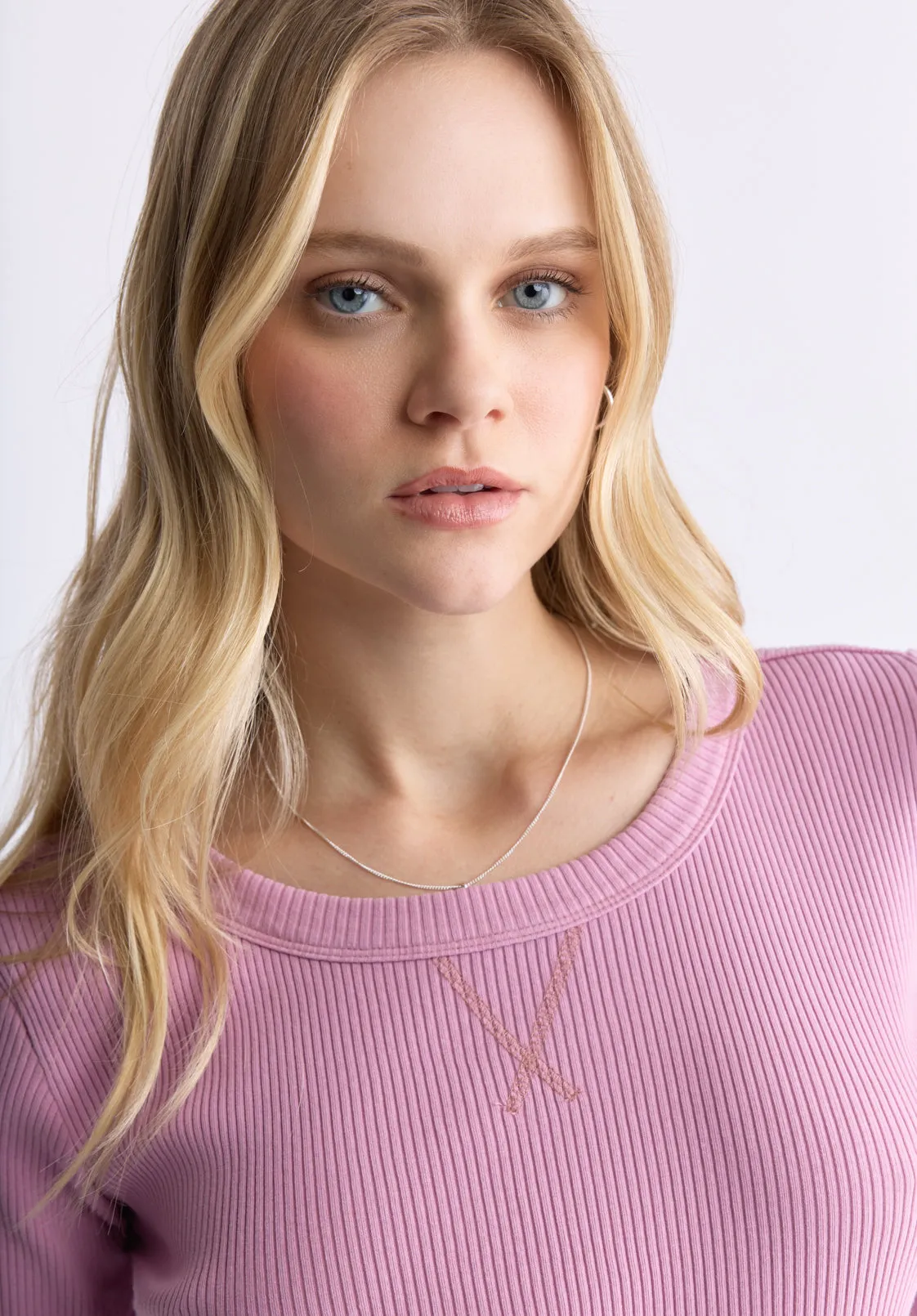 Tabbey Women's Elbow-Length Sleeve Ribbed Top, Lilas Pink - KT0152F