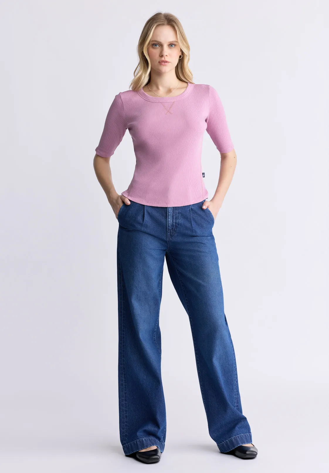 Tabbey Women's Elbow-Length Sleeve Ribbed Top, Lilas Pink - KT0152F