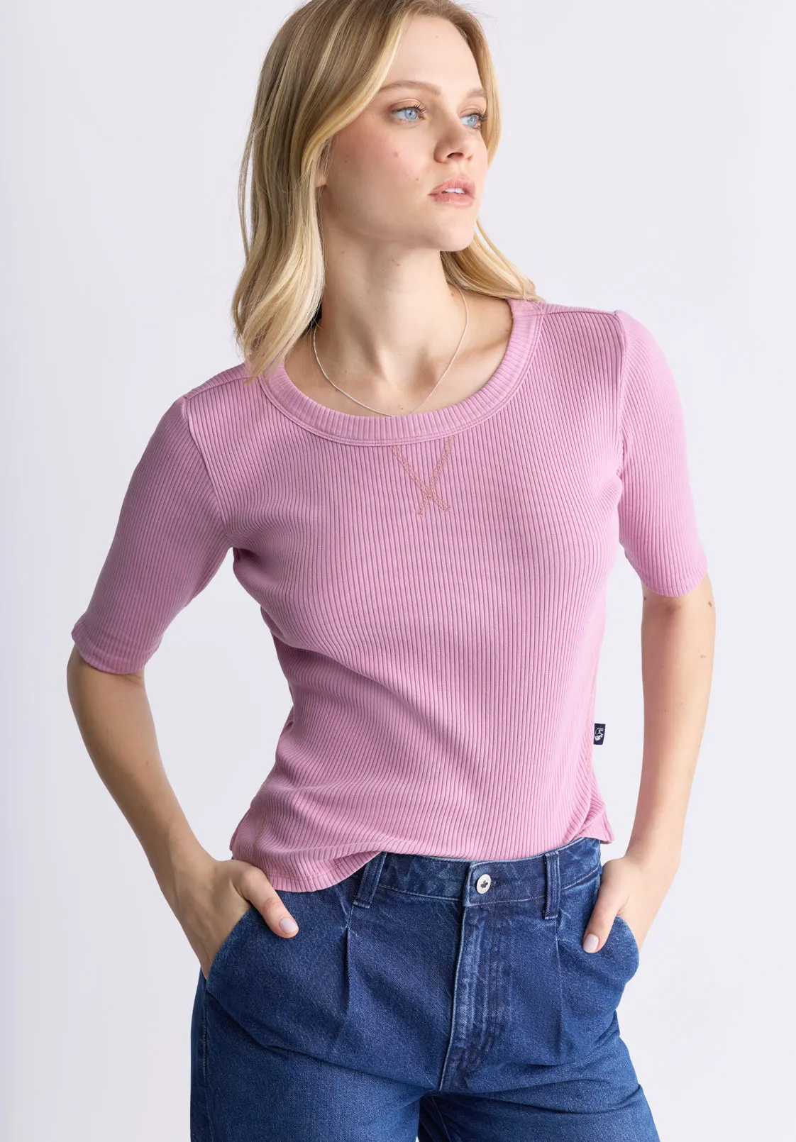 Tabbey Women's Elbow-Length Sleeve Ribbed Top, Lilas Pink - KT0152F