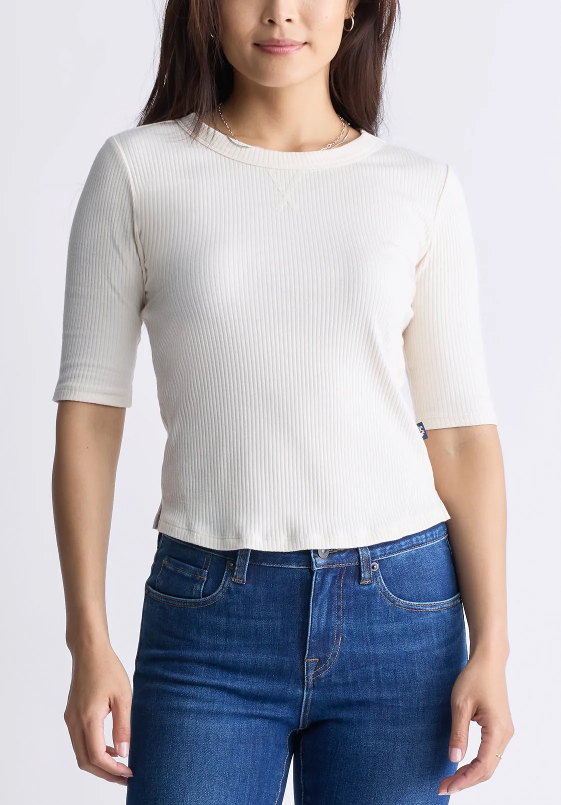 Tabbey Women's Elbow-Length Sleeve Ribbed Top, White - KT0166F