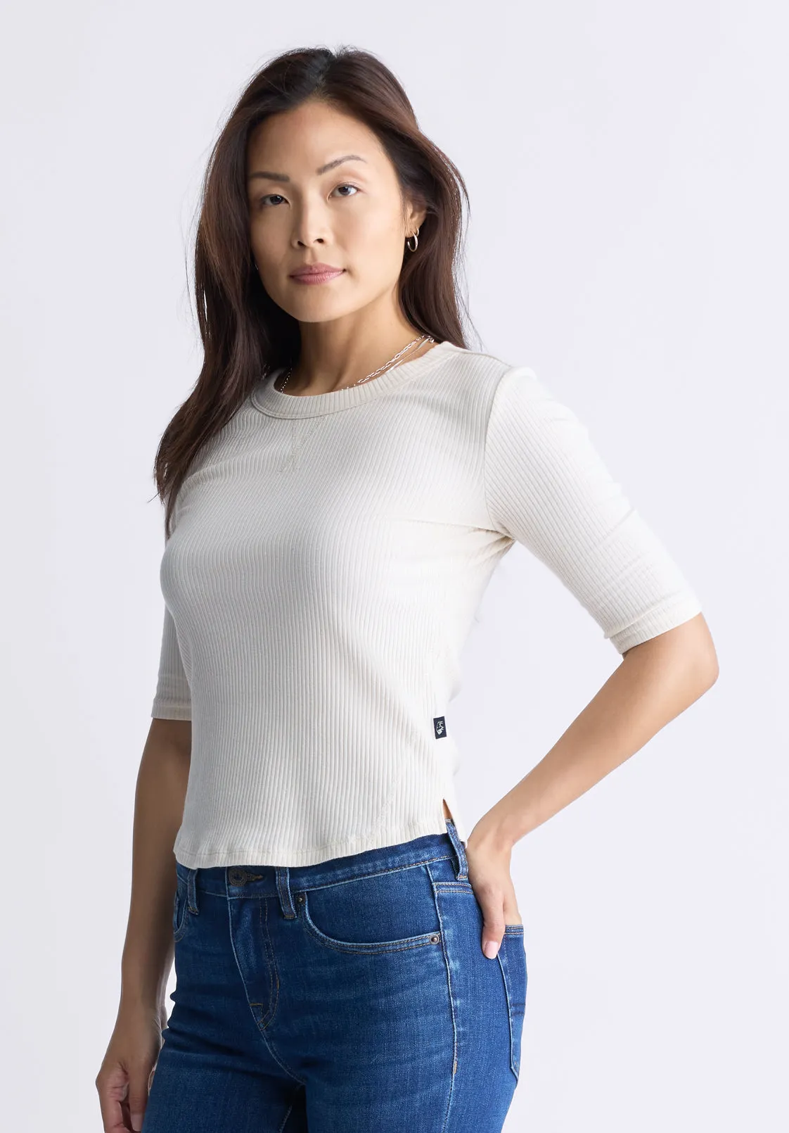 Tabbey Women's Elbow-Length Sleeve Ribbed Top, White - KT0166F