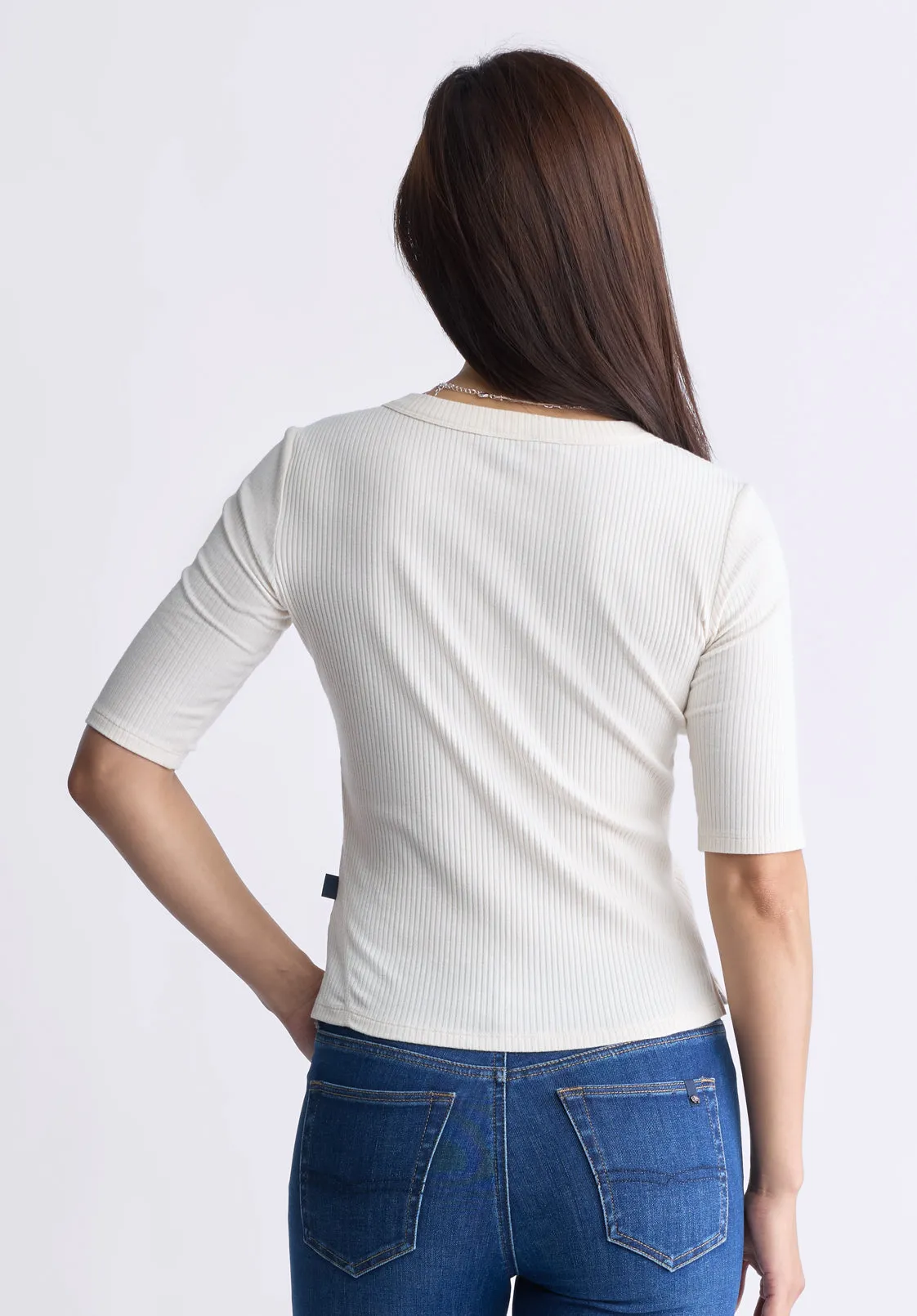 Tabbey Women's Elbow-Length Sleeve Ribbed Top, White - KT0166F
