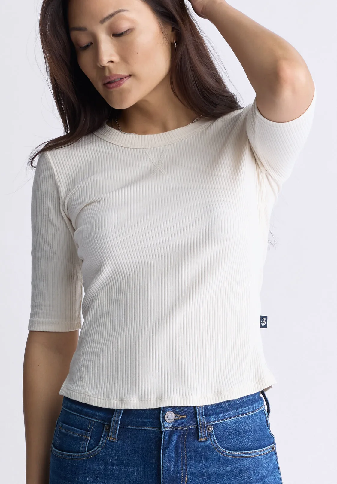 Tabbey Women's Elbow-Length Sleeve Ribbed Top, White - KT0166F