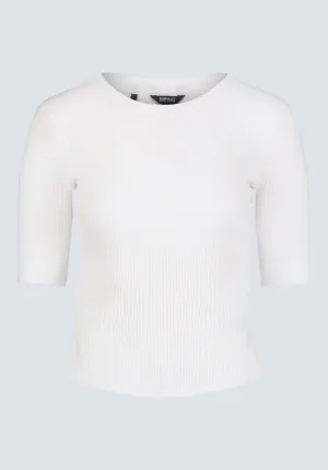 Tabbey Women's Elbow-Length Sleeve Ribbed Top, White - KT0166F